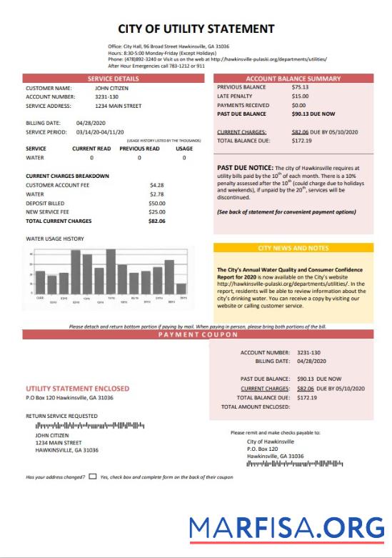 Downloadable USA City of Utility Statement water utility bill template in Word and PDF format